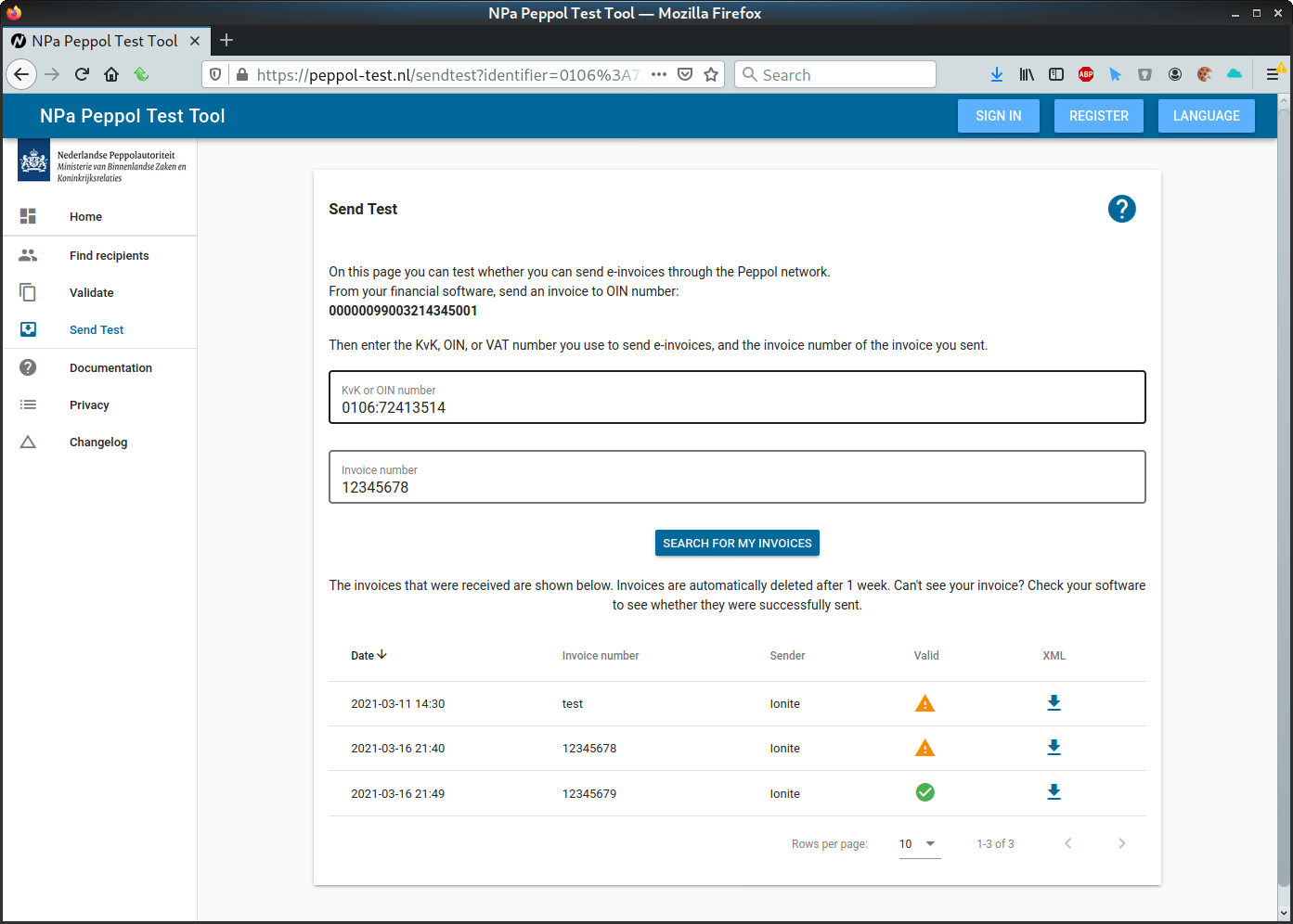Screenshot of send test overview
