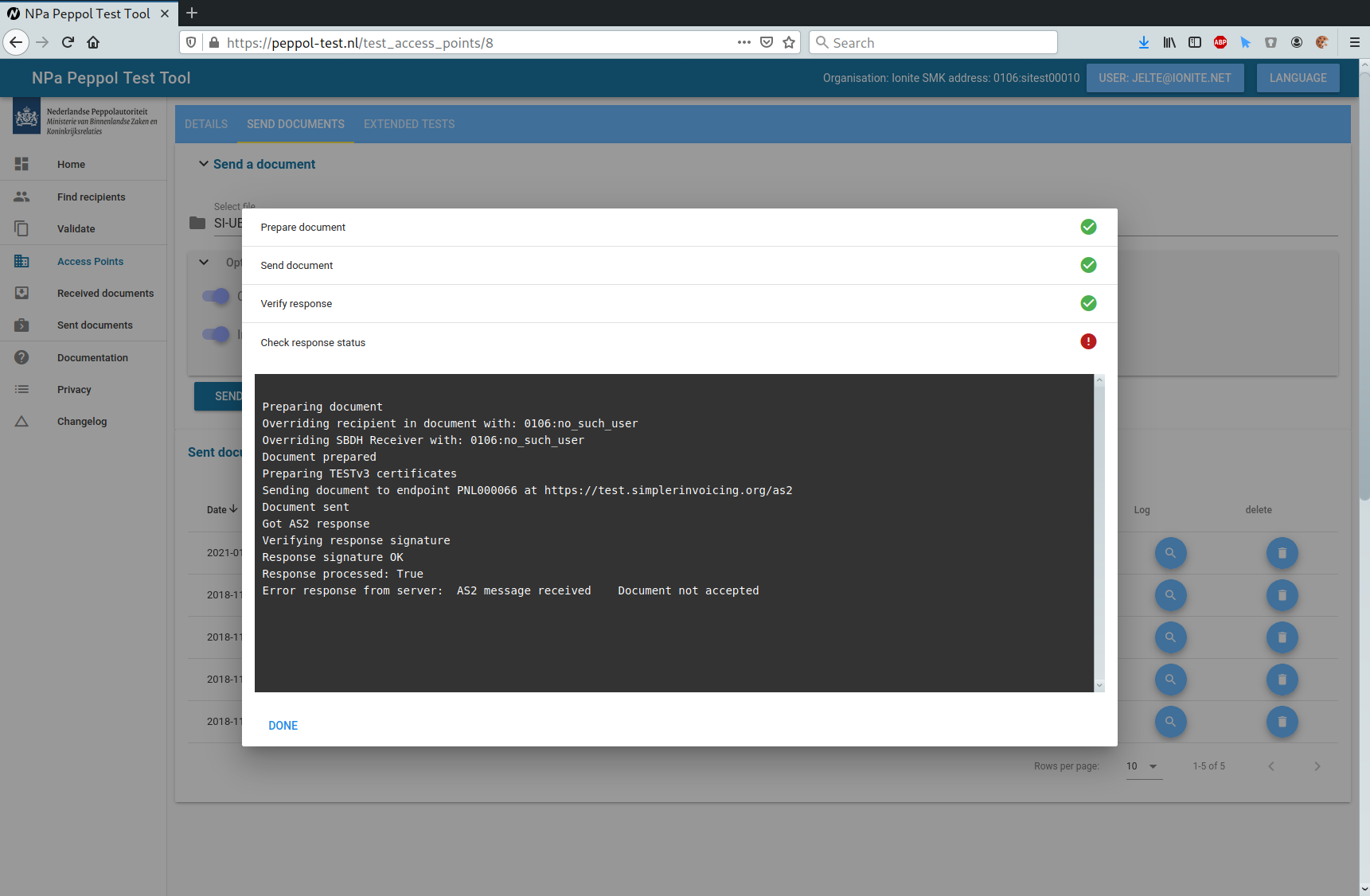Screenshot of Access Point Send document with receiver error