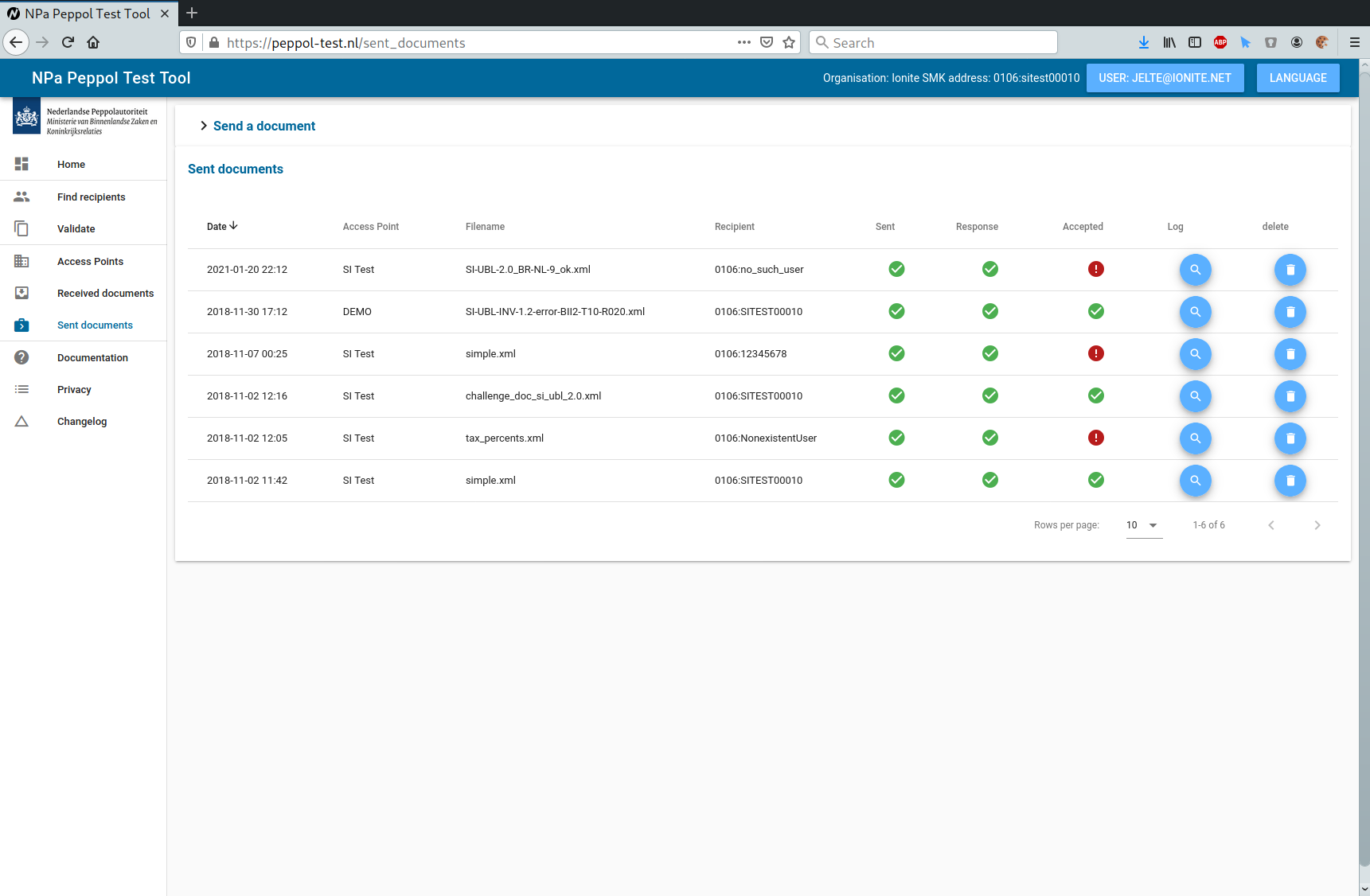 Screenshot of the sent documents page